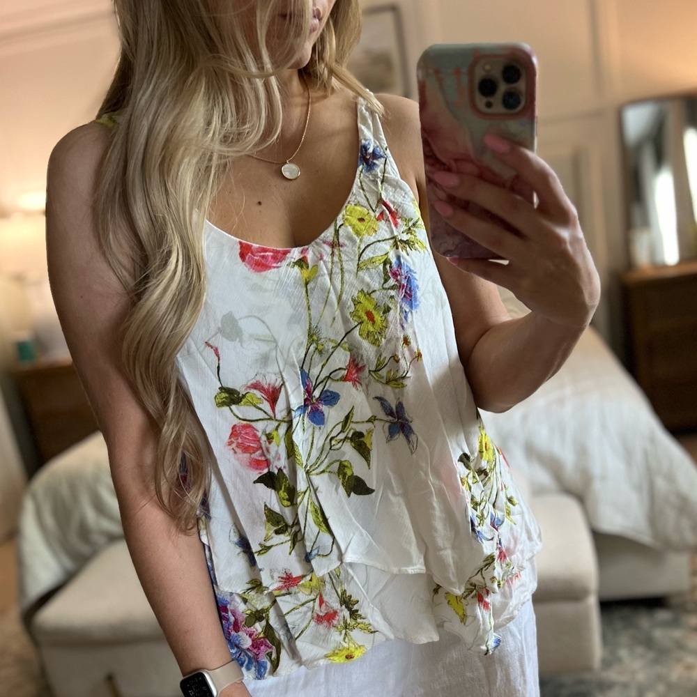 Free People Floral Tank Top - White with Multicolor Floral